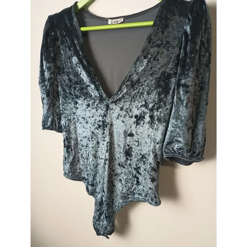 Free People Don't You‎ Wish Velvet Bodysuit Thong Blue Velour Deep V Neck Small